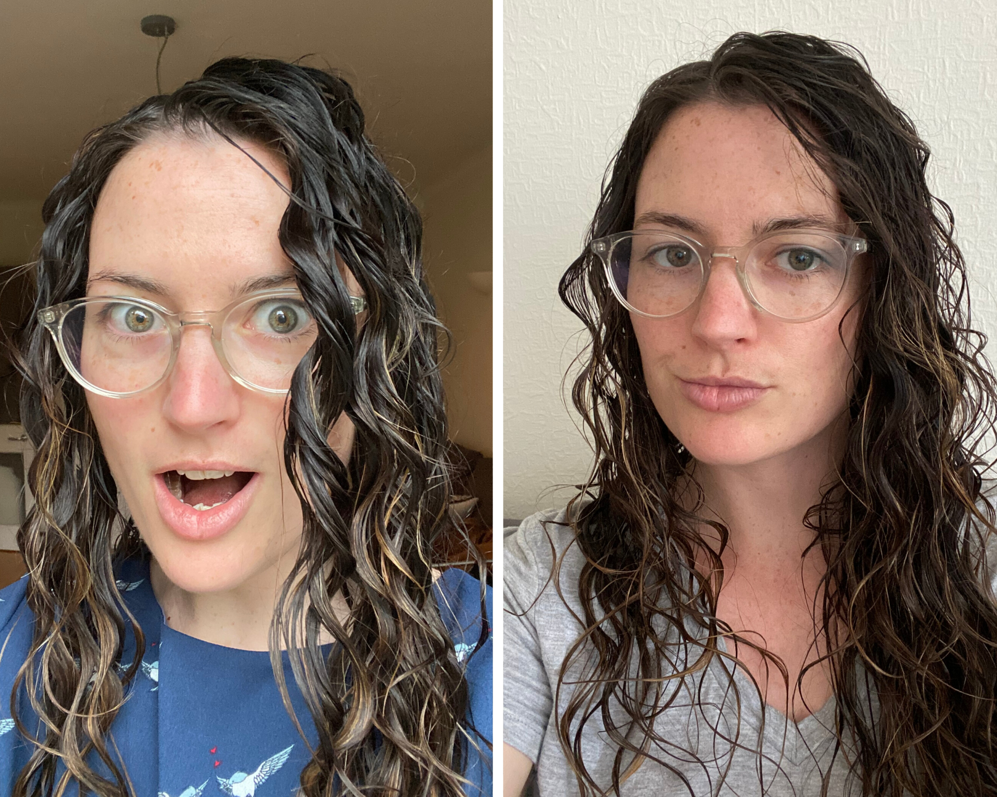 Images of Elle with a 'cast' (wet-looking, curly hair) doing the Curly Girl Method