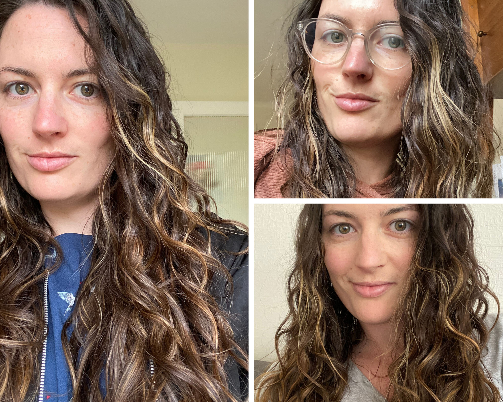 Three images of Elle on different days with curls