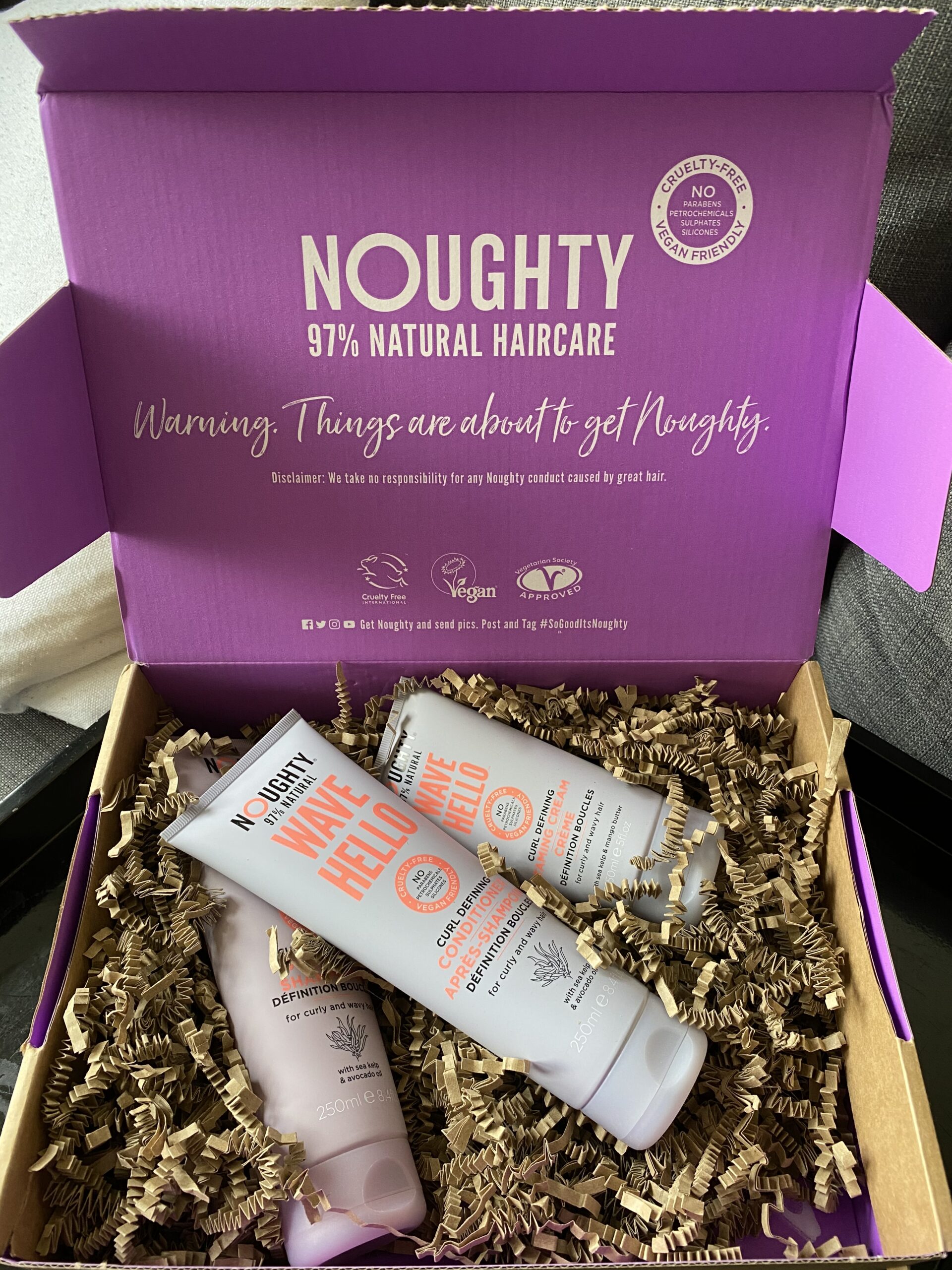 Box of Noughty haircare products - three tubes