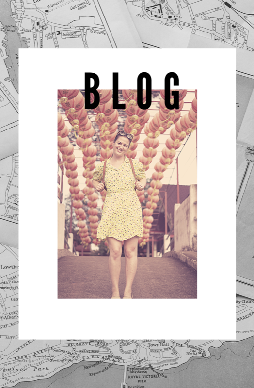 'Blog' icon with a photo of Elle in a dress under a canopy of lanterns